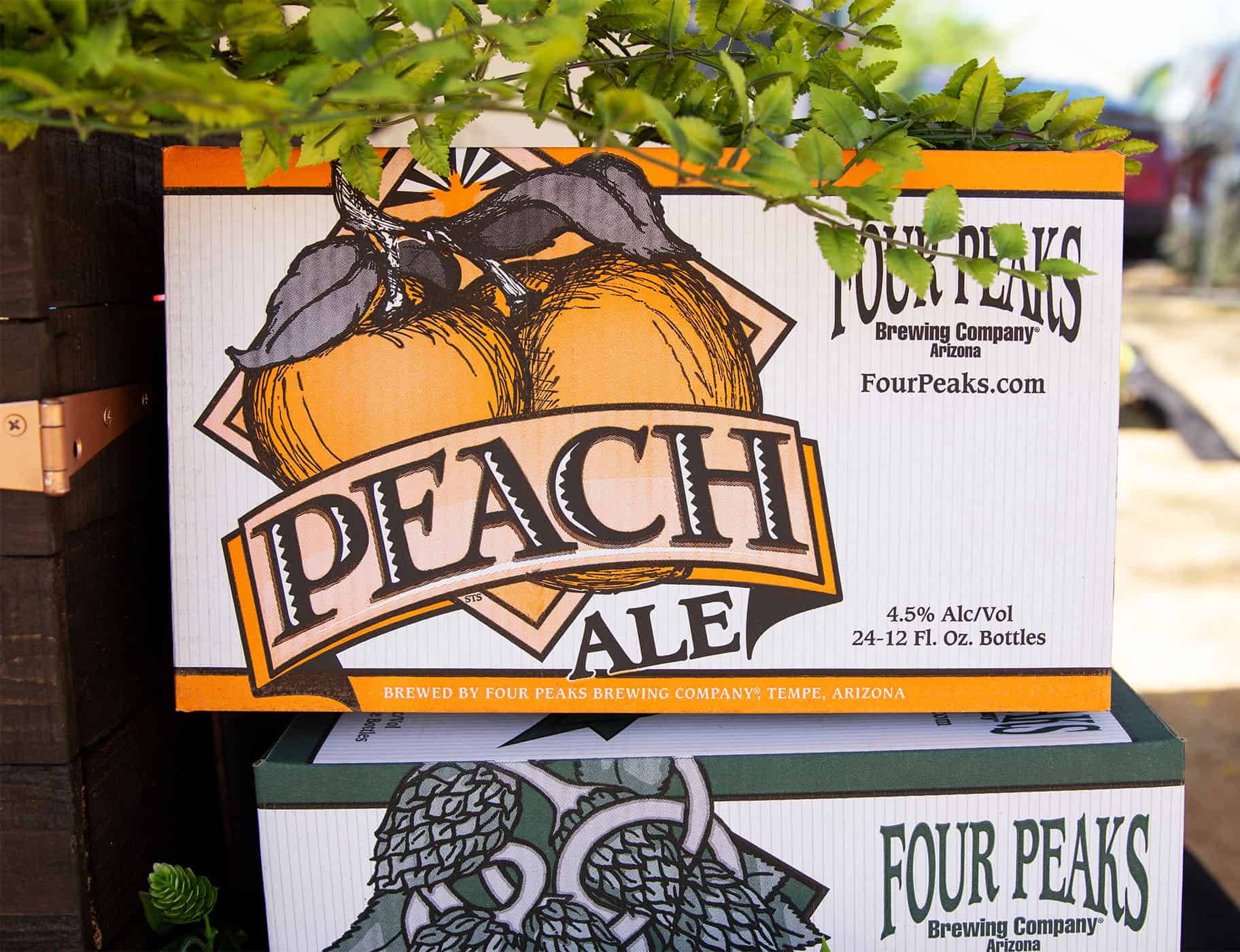Boxes of Four Peaks Peach Ale at a beer festival in Phoenix, Arizona.